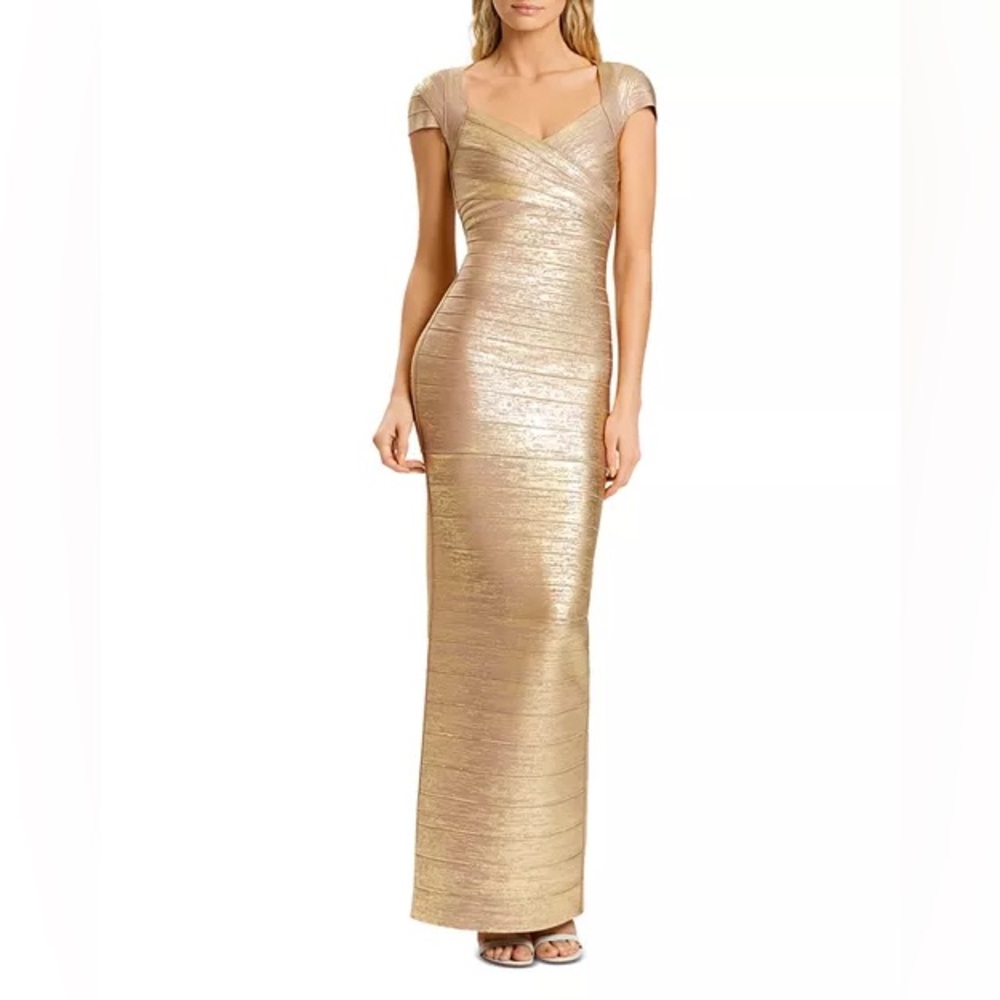 NWT Herve Leger Sweetheart Shimmering Foil Rose Gold Maxi Dress Small